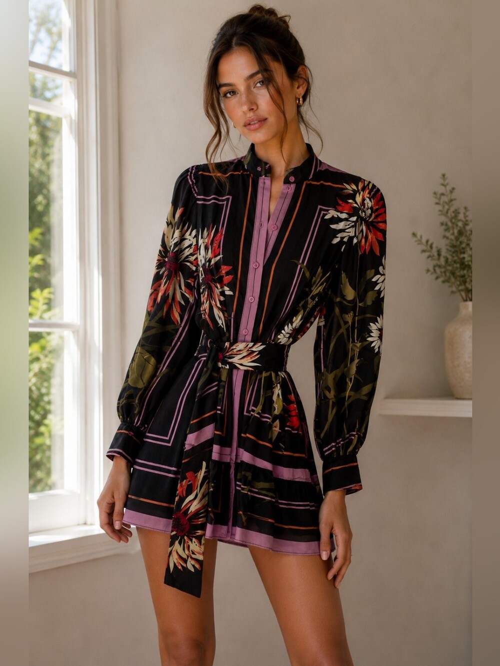 Lavender Brown Floral Button-Front Belted Dress - Black & Pink